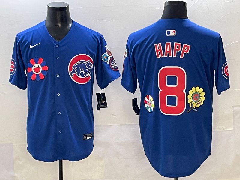 Men 2025 Chicago Cubs #8 Happ Blue Flower Edition Nike MLB Jersey style 52